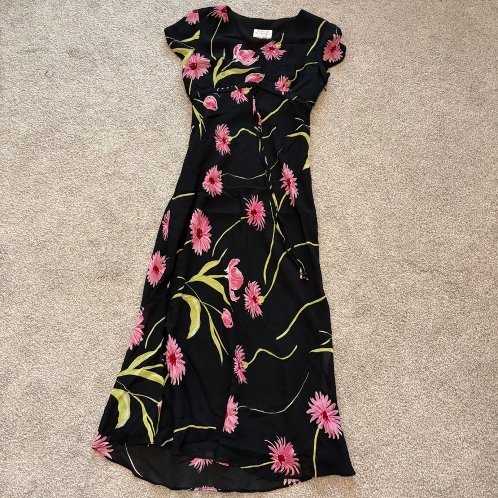Vintage David Warren Petites Y2K 90s Dress Womens S Black Pink Floral Empire